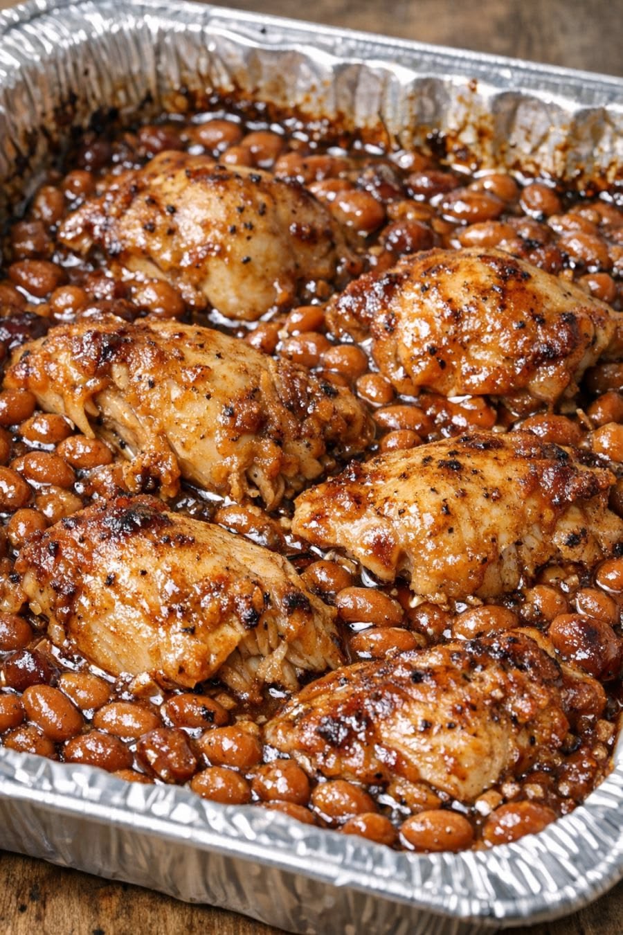 Cuisses de poulet BBQ servies avec haricots au four dans un plat en aluminium