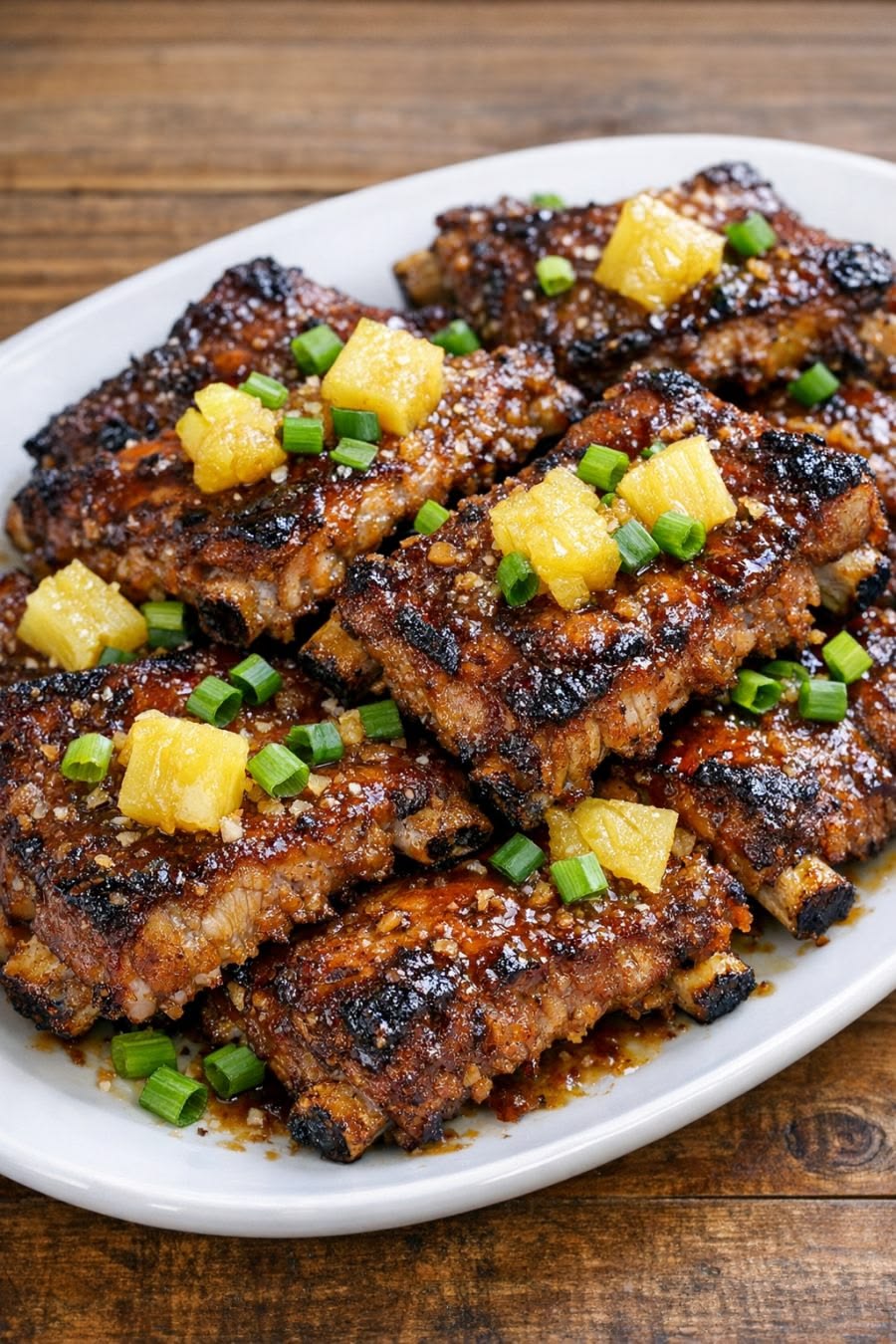 Plat de travers de porc caramélisés à l'ananas et à l'ail, décorés de ciboulette