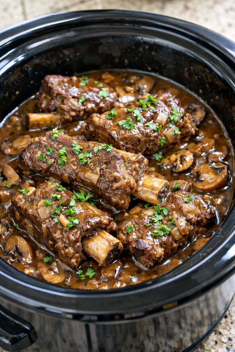 Côtes de bœuf mijotées dans une sauce aux champignons