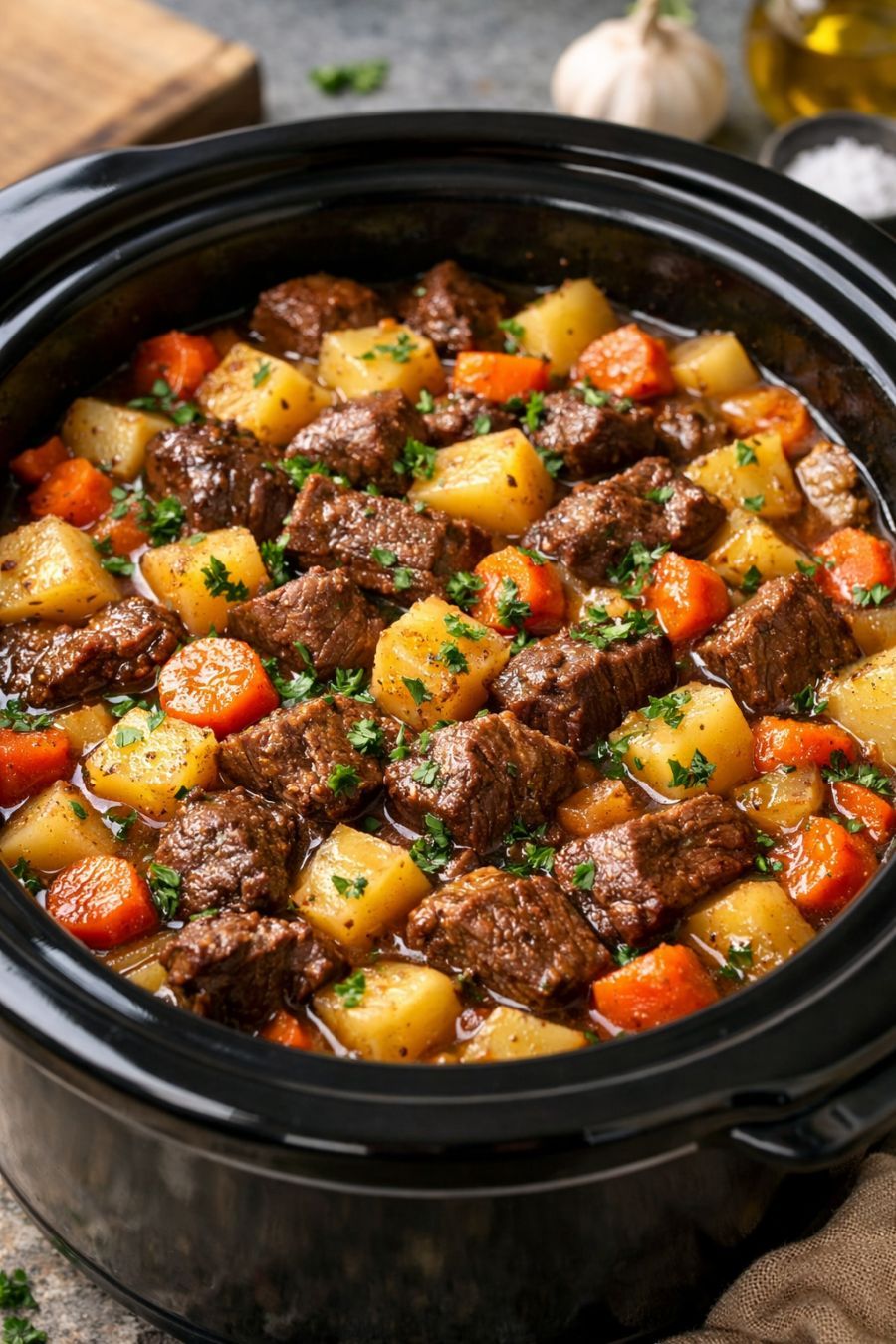Ragoût de bœuf aux pommes de terre et aux carottes préparé à la mijoteuse