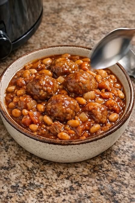 Bol de boulettes de bœuf BBQ avec haricots mijotés