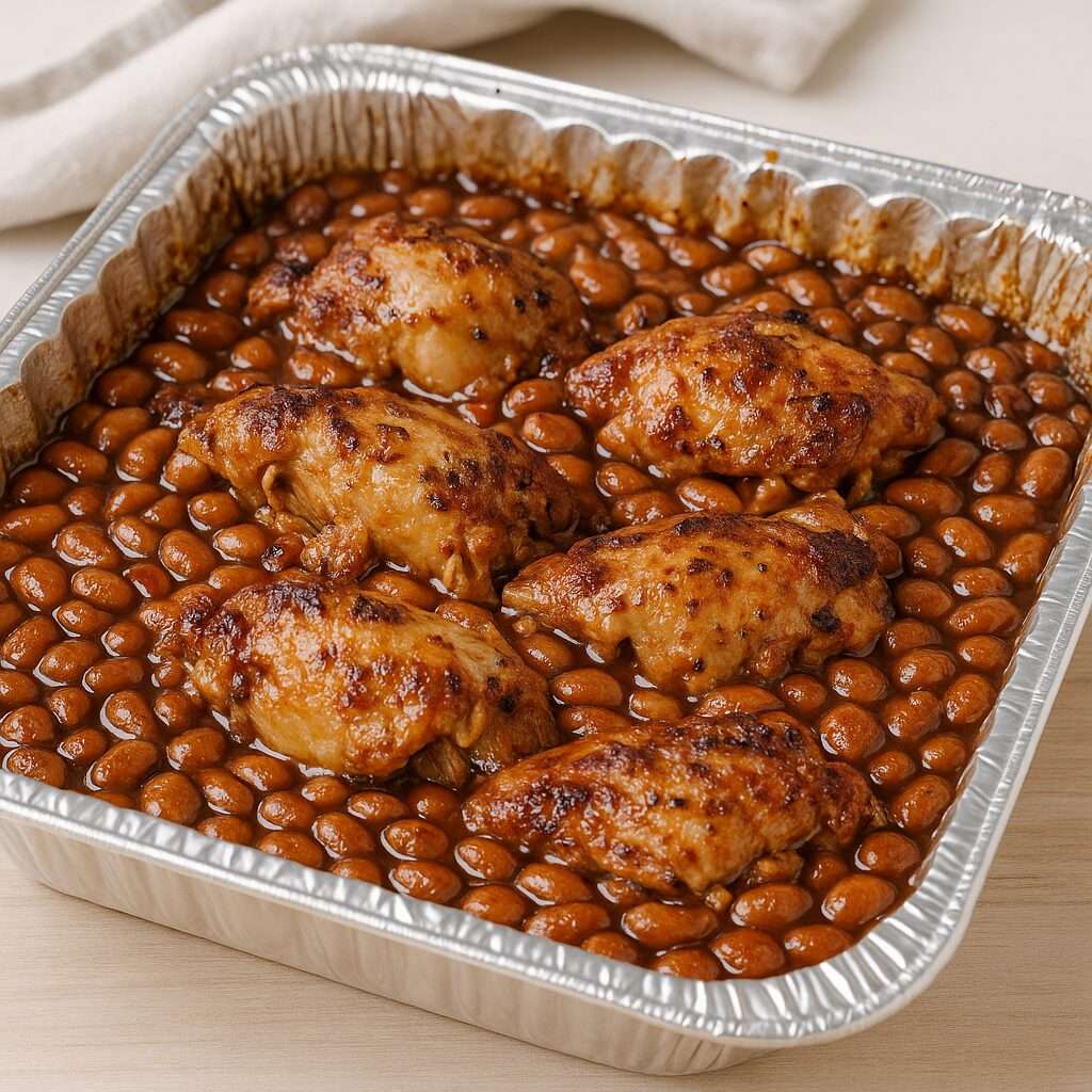 Cuisses de poulet BBQ servies avec haricots au four dans un plat en aluminium
