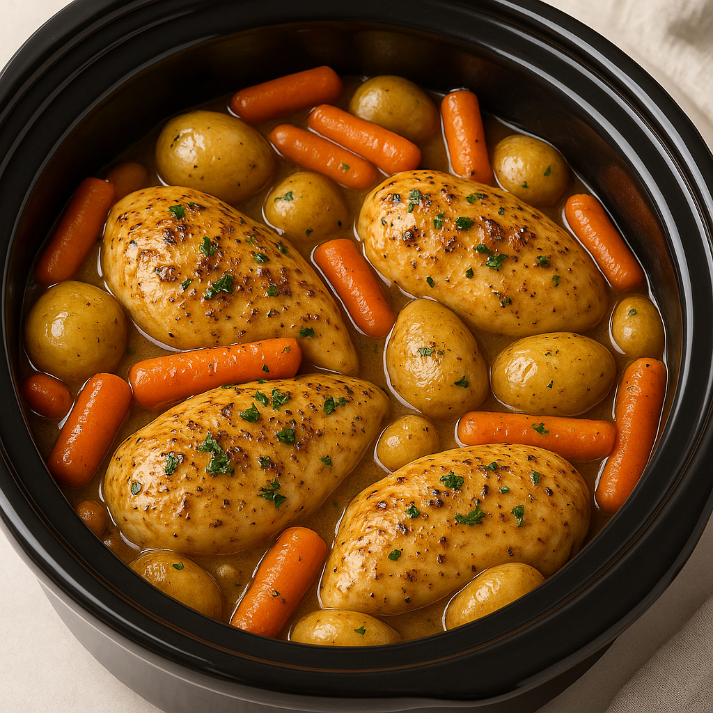 Poulet Miel-Ail mijoté avec pommes de terre et carottes dans une mijoteuse