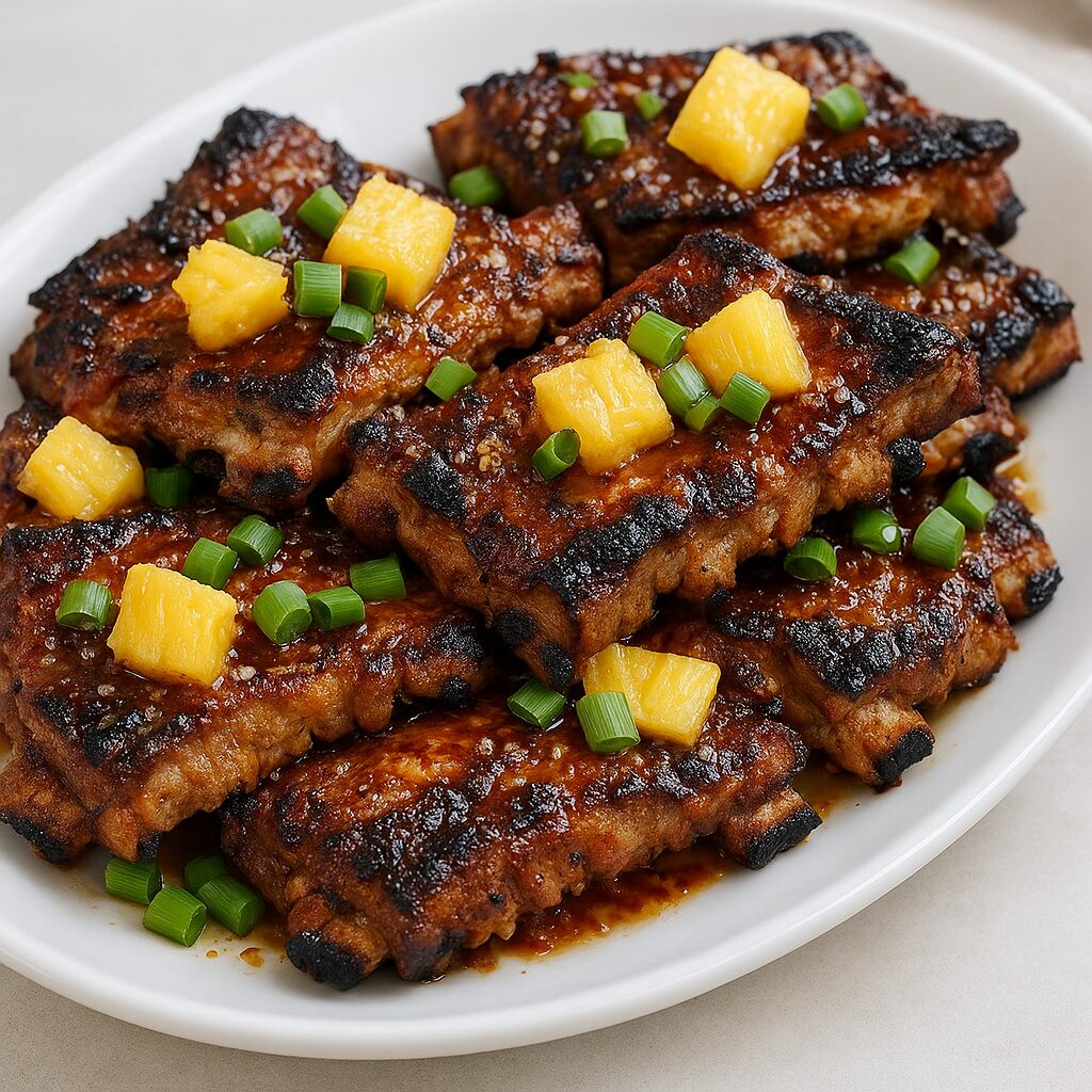 Plat de travers de porc caramélisés à l'ananas et à l'ail, décorés de ciboulette